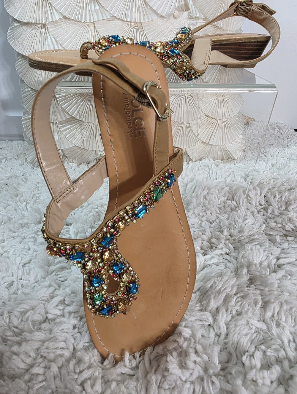 DOLCE  Tan Jeweled T-Strap Sandals with Multicolor Gems